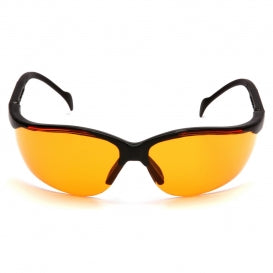 Sunglasses with orange lenses and black frames on a white background