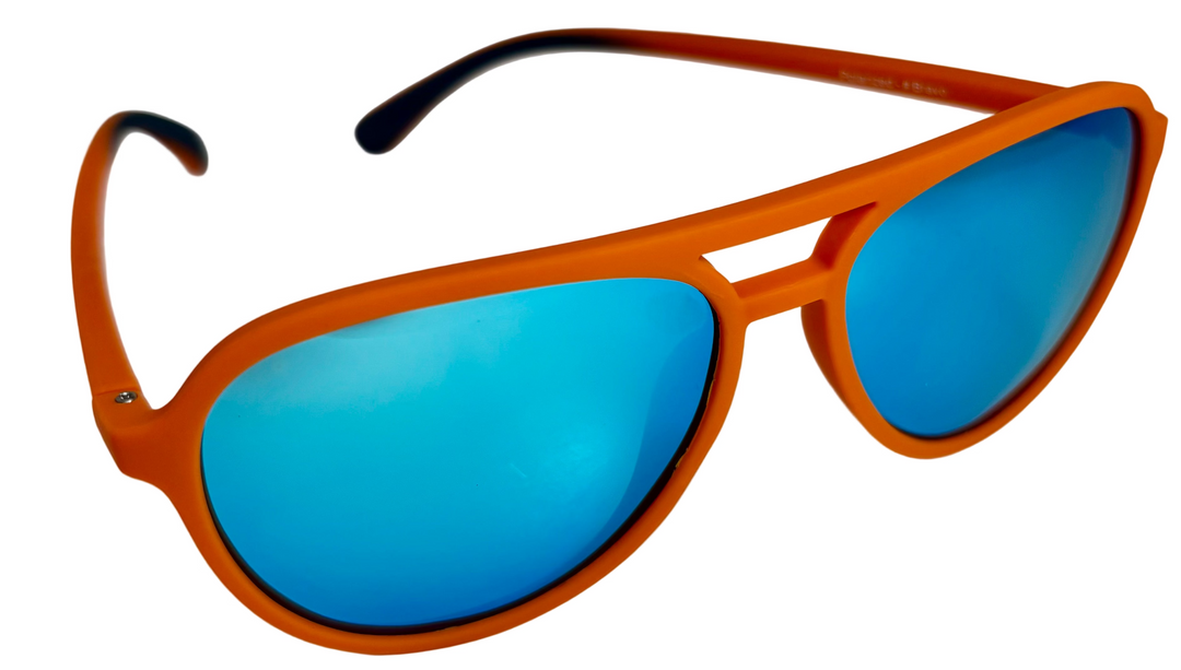 Orange sunglasses with blue lenses on a light background
