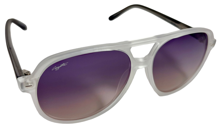Clear aviator sunglasses with purple gradient lenses on a light gray background