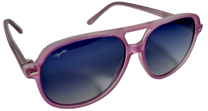 Lilac sunglasses with blue lenses on a white background
