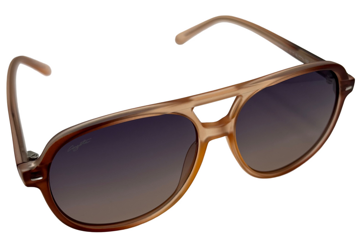 Orange sunglasses with gradient lenses on a light gray background