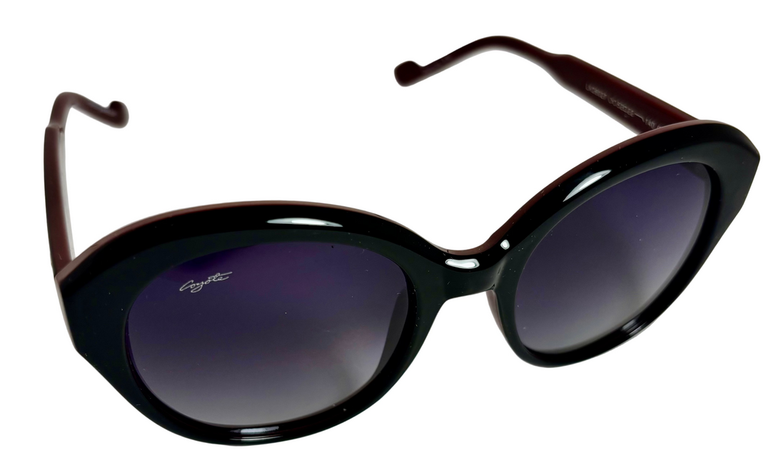Black and Maroon sunglasses with grad black  lenses on a white background