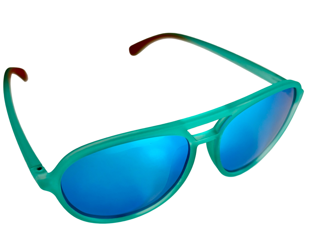 Green sunglasses with blue lenses on a light beige background