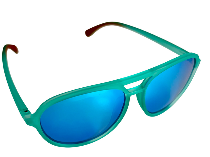 Green sunglasses with blue lenses on a light beige background