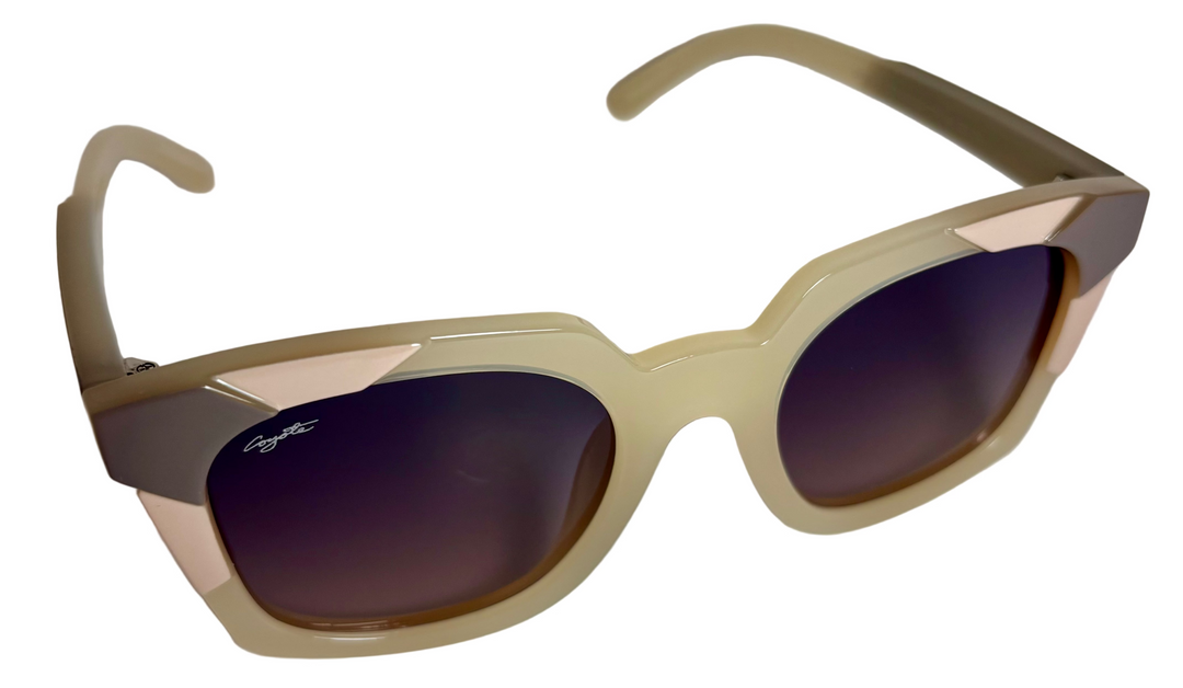 Beige sunglasses with dark lenses on a light gray background